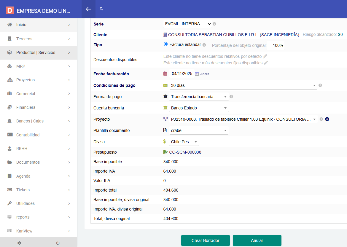 Conversión de presupuesto a pedido/factura