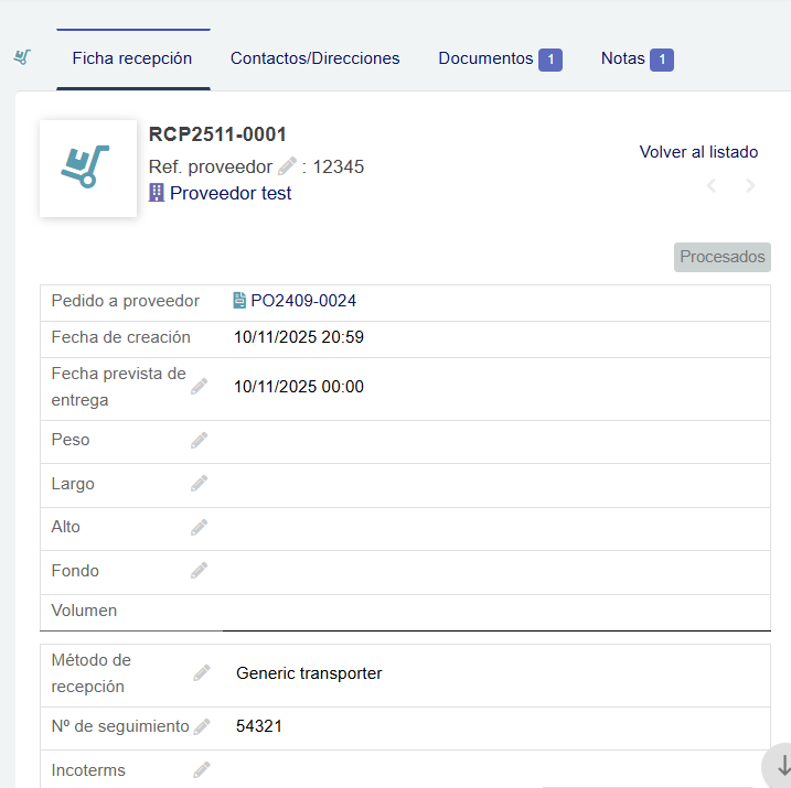 Ficha de recepción Dolibarr