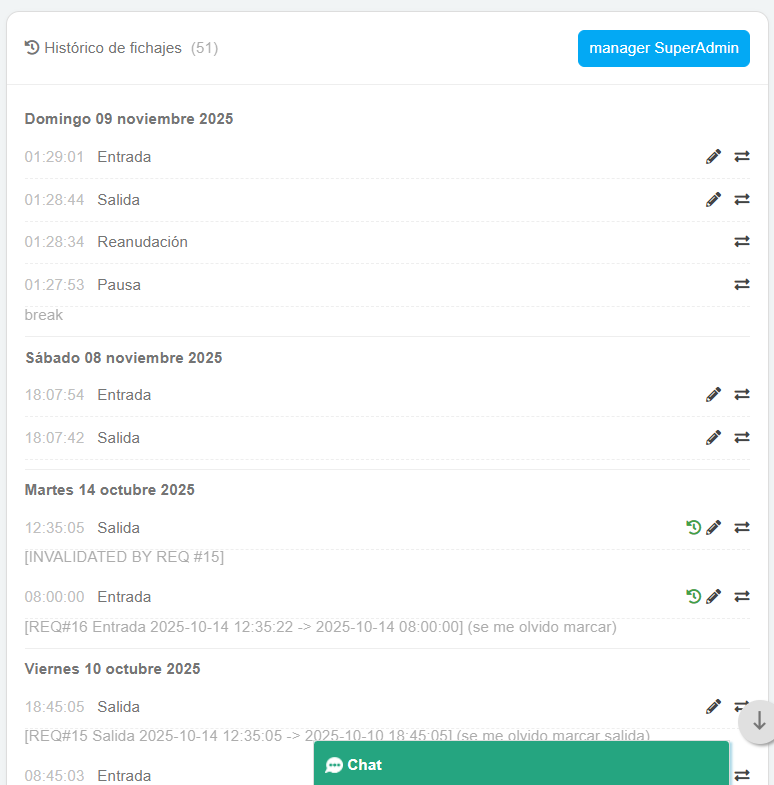 Flujo de fichajes ENTRADA PAUSA SALIDA
