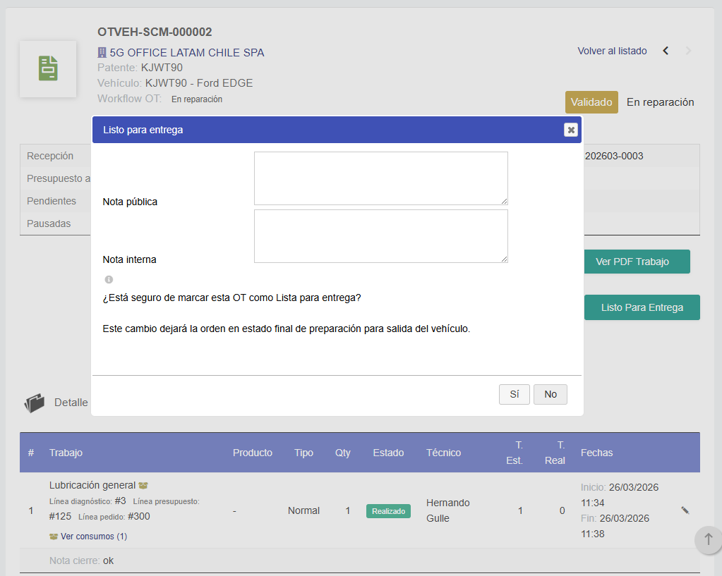 Entrega final de vehículo en taller automotriz