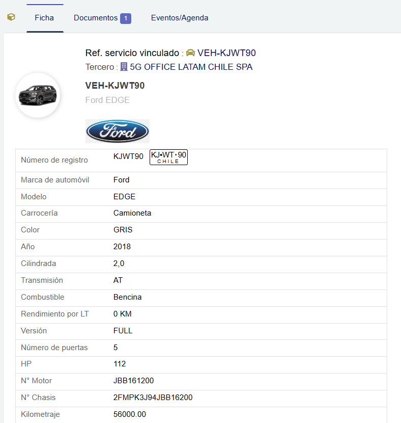 Ficha de vehículo y documentación en DoliOne